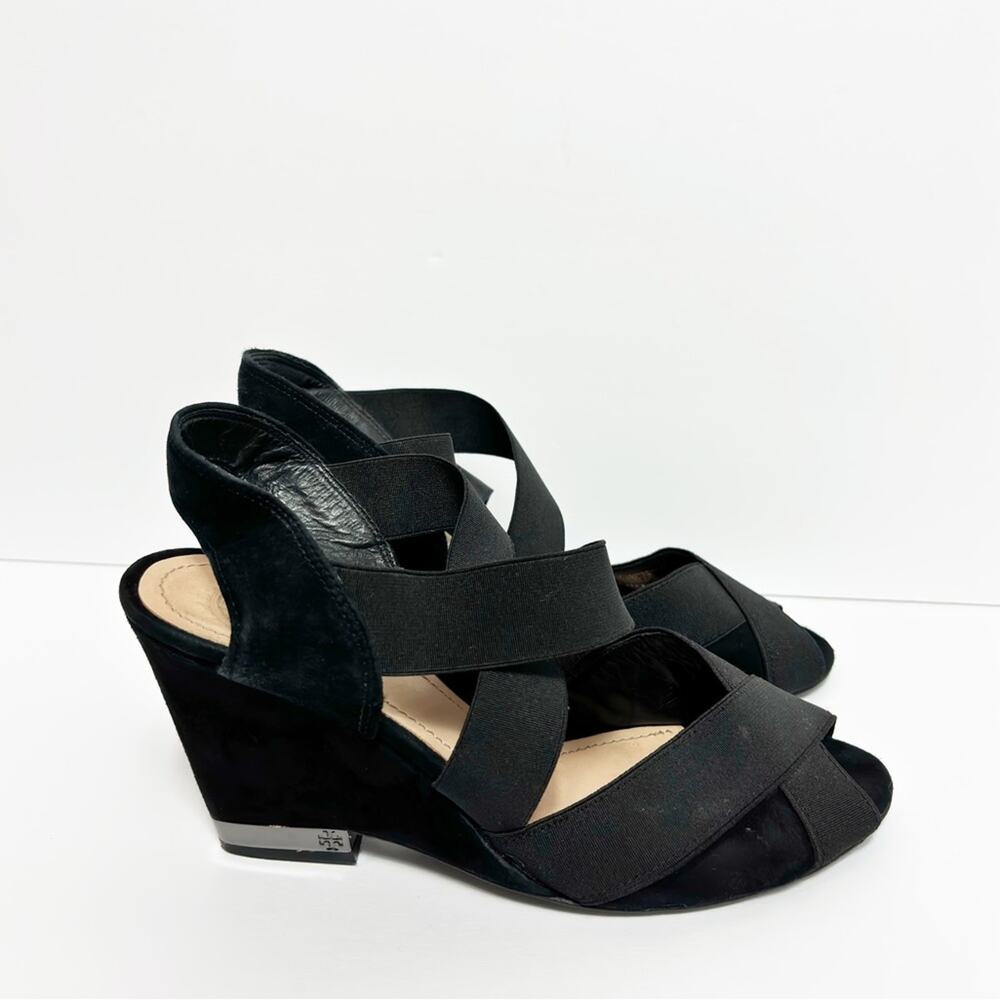 TORY BURCH DEBBIE SANDALS SLINGBACKS WEDGE BLACK HEELS SIZE 9.5